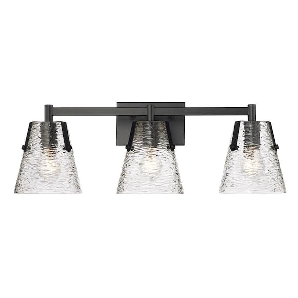 Unbranded Analia 26.25 in. 3 Light Matte Black Vanity Light with Clear Ribbed Glass Shade with No Bulbs Included