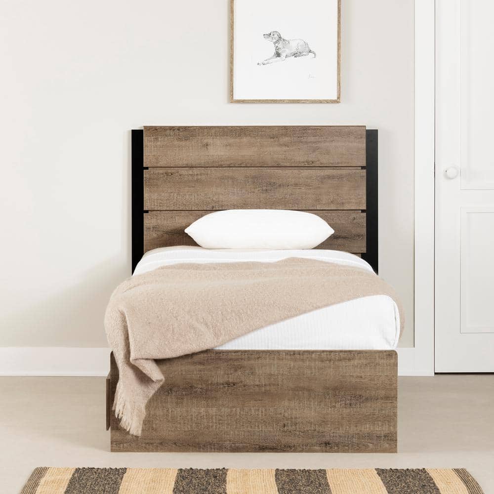 Twin Weathered Oak Platform Bed with Storage Drawers