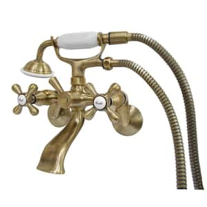 Wall-Mount Adjustable Centers 3-Handle Claw Foot Tub Faucet with Handshower in Antique Brass