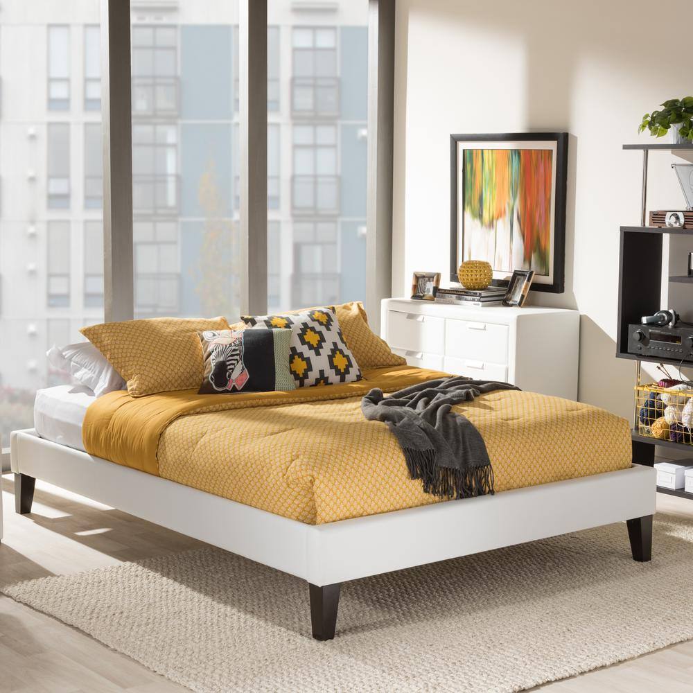Lancashire Full White Faux Leather Upholstered Bed Frame with Tapered Legs