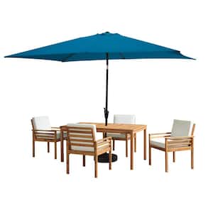 6-Piece Set, Okemo Wood Outdoor Dining Table Set with 4 Cushioned Chairs, 10 ft. Rectangular Umbrella Turquoise
