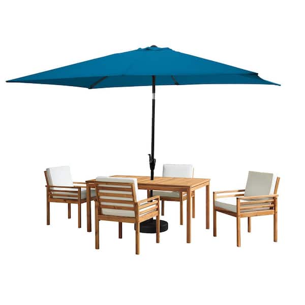 Alaterre Furniture 6-Piece Set, Okemo Wood Outdoor Dining Table Set with 4 Cushioned Chairs, 10 ft. Rectangular Umbrella Turquoise