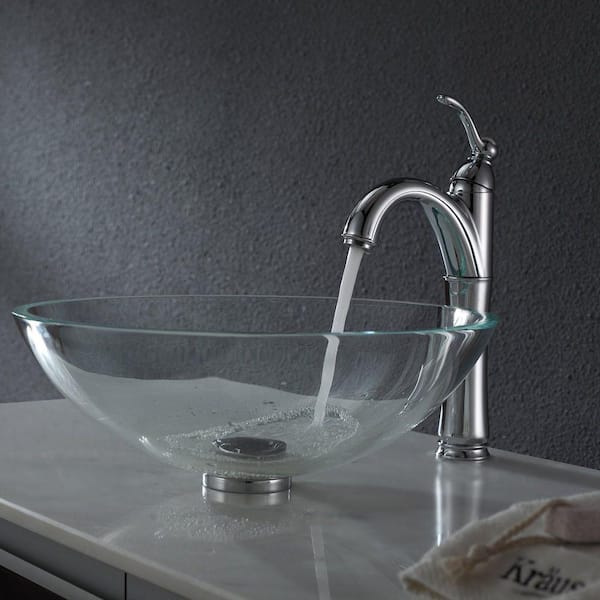 KRAUS Single-Tone 16.5 in. Round Vessel Bathroom Sink in Crystal Clear Glass