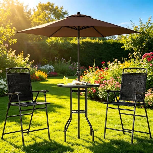 4 piece metal and glass umbrella patio set Flash Furniture 27.5 x 47.25 in. Tory Commercial Grade Rectangular Table with Tempered Top with Hole & Steel Tube Frame Folding chairs feature breathable mesh seats and steel frames for easy travel and storage Flash Furniture 5 Piece Patio