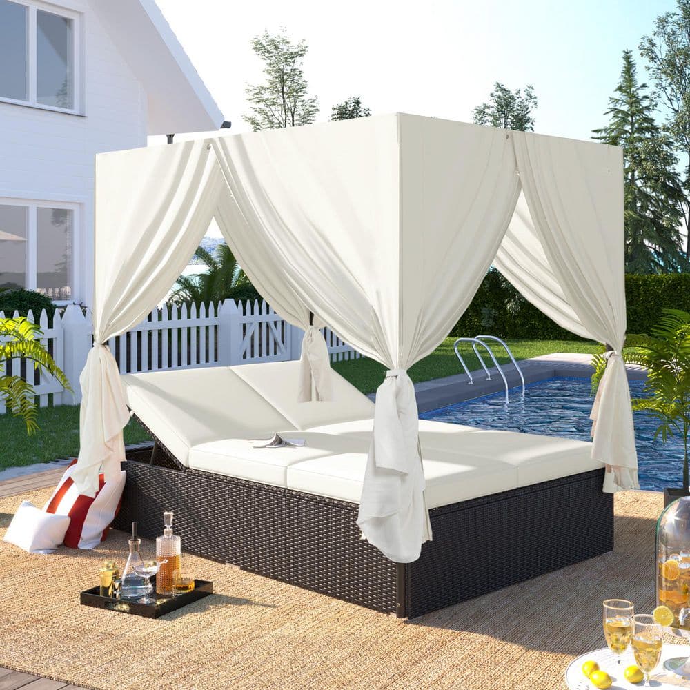 Brown Metal Outdoor Day Bed with Beige Cushions and Curtains with Adjustable Backrest for Backyard, Poolside