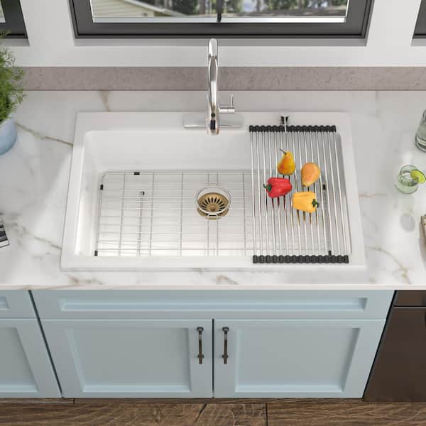 33 in. Drop-In Single Bowl White Quartz Composite Kitchen Sink with Bottom Grids and Strainer