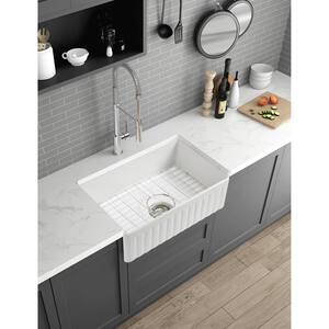 32.90 in .W Farmhouse/Apron-Front Ceramic Single Bowl in Gloss White Kitchen sink with Bottom Grids;Strainer