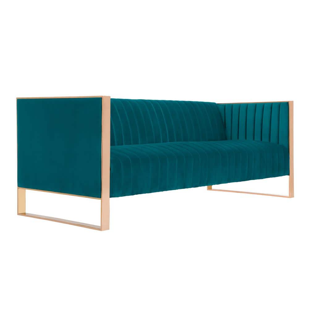 Aqua Blue Velvet and Rose Gold Metal 3-Seater Sofa