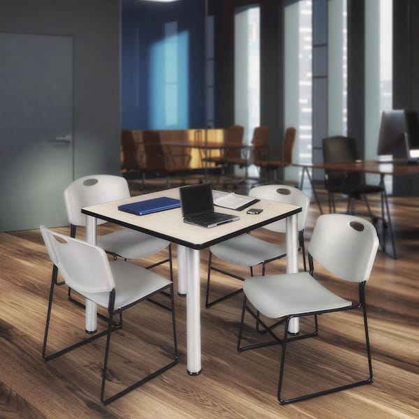 Kee 42 in. Maple Top Square Breakroom Table Desk, Chrome Legs, 4 Zeng Stack Chairs-Grey