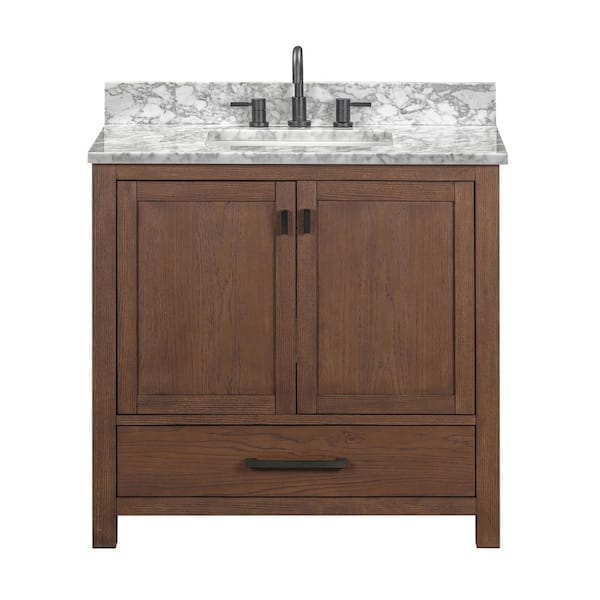 Modero 37 in. Single Sink Mocha Oak Bath Vanity with Carrara White Marble Top