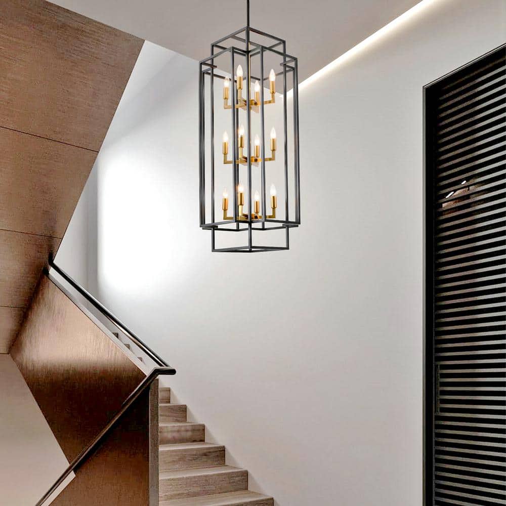 Black and Gold Metal 12-Light Lantern Chandelier