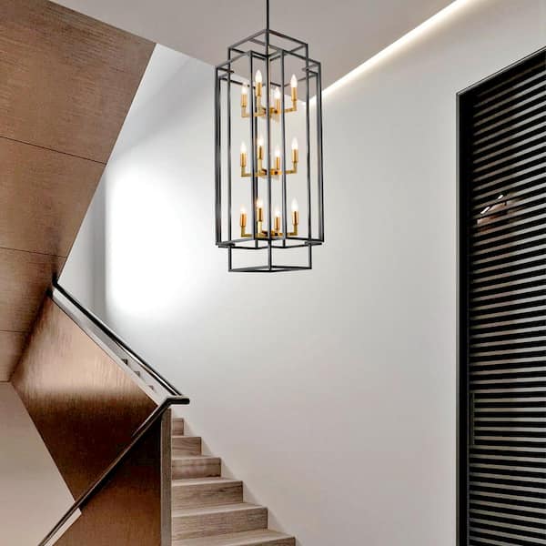 12-Light Modern Black Antique Gold Lantern Tiered Foyer Hanging Ceiling Chandelier for Living Room Dining Room