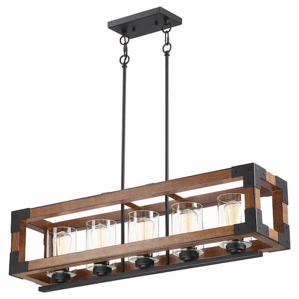 Pia Ricco 5-Light Lantern Barnwood and Matte Black Finished Rectangle Chandelier