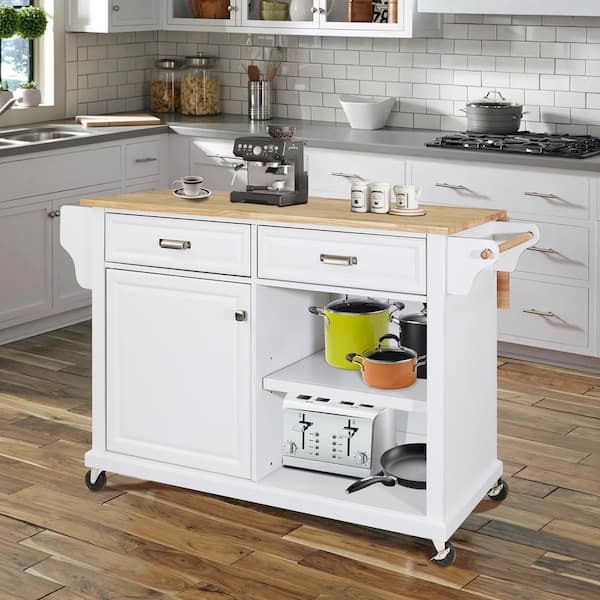 Staykiwi White Solid Wood Kitchen Cart with Drop Leaf, Spice Rack, Towel Rack and 2- Drawers