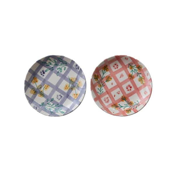 Multicolor Hand-Painted Stoneware Round Plate Set with Grid Pattern and Botanical Design (Set of 2)