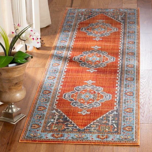 Vintage Persian 2 ft. x 12 ft. Rust/Blue Medallion Border Runner Rug