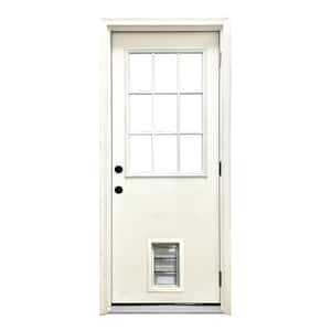 32 in. x 80 in. Reliant Series Clear 9 Lite LHOS White Primed Fiberglass Prehung Back Door with Med Pet Door