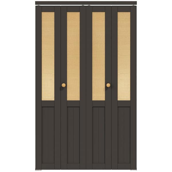 48 in. x 80 in. Half Paneled Solid Core Black Finished MDF Wood and Imitated Rattan Weaving Bi-Fold Door with Hardware
