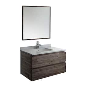 Formosa 36 in. Modern Wall Hung Vanity in Warm Gray with Quartz Stone Vanity Top in White with White Basin and Mirror
