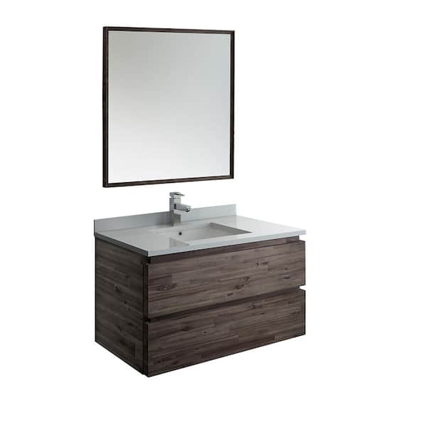 Fresca Formosa 36 in. Modern Wall Hung Vanity in Warm Gray with Quartz Stone Vanity Top in White with White Basin and Mirror