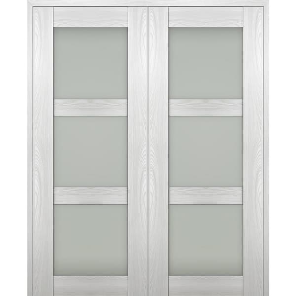 Belldinni Vona 48"x 96" Both Active 3-Lite Frosted Glass Ribeira Ash Wood Composite Double Prehung French Door