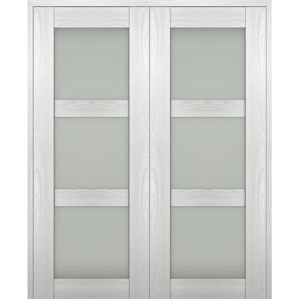 Vona 64"x 84" Both Active 3-Lite Frosted Glass Ribeira Ash Wood Composite Double Prehung French Door
