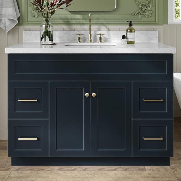 ARIEL Hamlet 48 in. Single Sink Freestanding Bathroom Vanity in Midnight Blue with Carrara White Marble Top