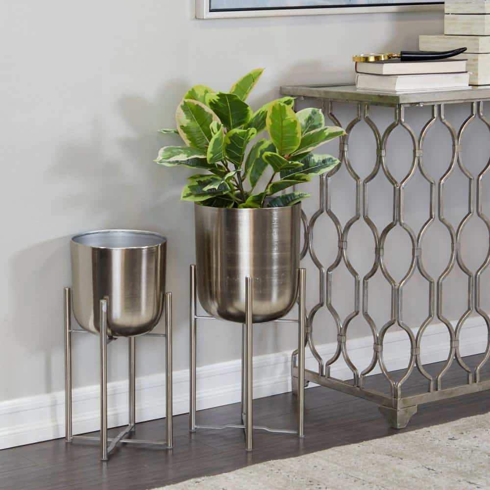 Silver Metal Indoor Outdoor Planter Set with Removable Stand, 19" and 22"