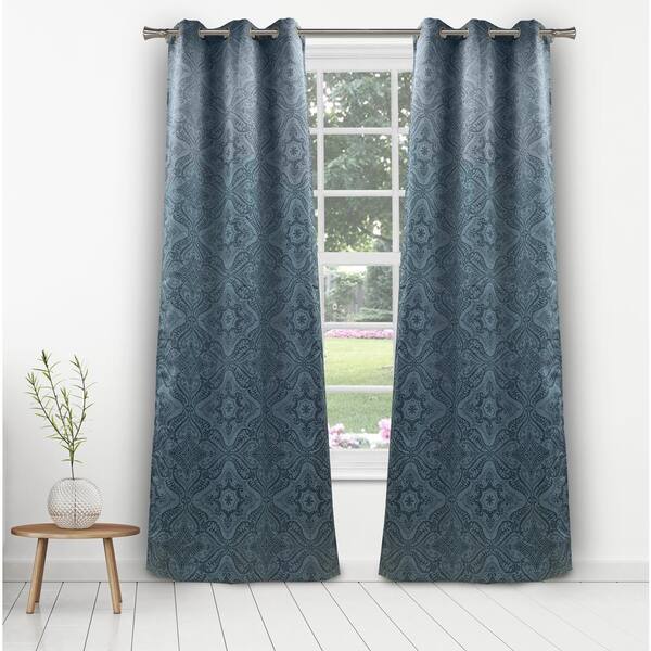 Kelvin Teal Damask Thermal Blackout Curtain - 36 in. W x 96 in. L (Set of 2)