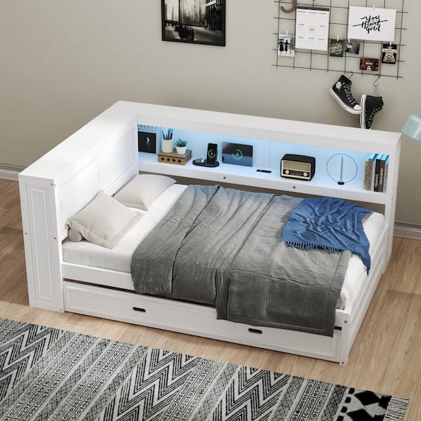 White Full Wood Daybed with Storage Shelves, USB, LED and Trundle