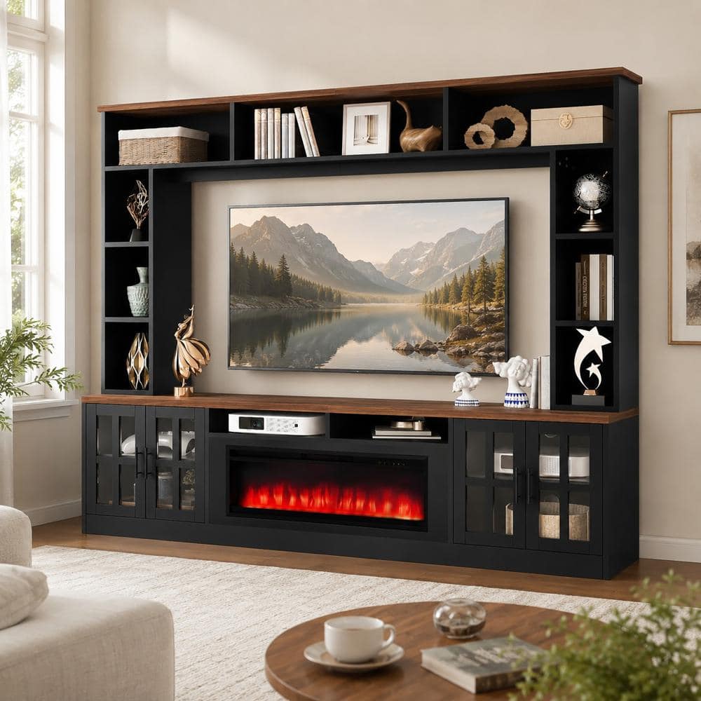95.5 in. Electric Fireplace Wall Unit Fits TV Stand up to 80 in. with Bookshelves, Cabinets and Cable Management,Black price history on PriceWatchPro