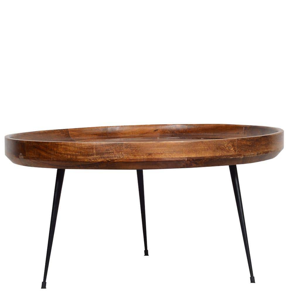 Round Mango Wood Coffee Table with Splayed Metal Legs, 30"