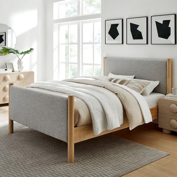 Maven Brown Wood Frame Full Platform Bed with Upholstered Fabric Headboard and Footboard
