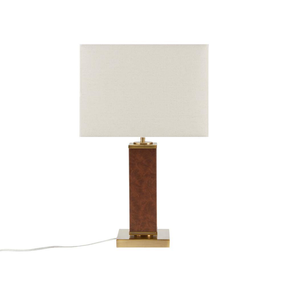 22" Brown Faux Leather Table Lamp with Gold Base and Ivory Shade