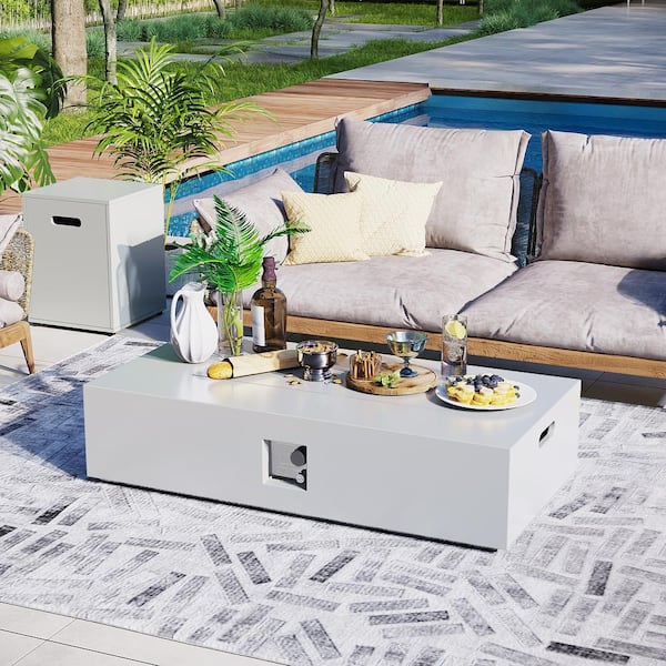 56 in. Outdoor Rectangular Iron White Fire Pit Table with Propane Tank Holder and Glass Wind Guard