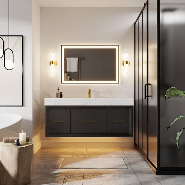 Bevel 48 in. Single Floating Black Solid Wood Bath Vanity with White Engineered Marble Top, Fully Assembled, Soft Close