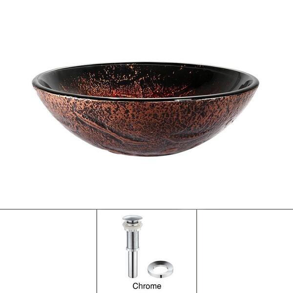 KRAUS Lava Glass Vessel Sink in Red and Brown with Pop up Drain and Mounting Ring in Chrome