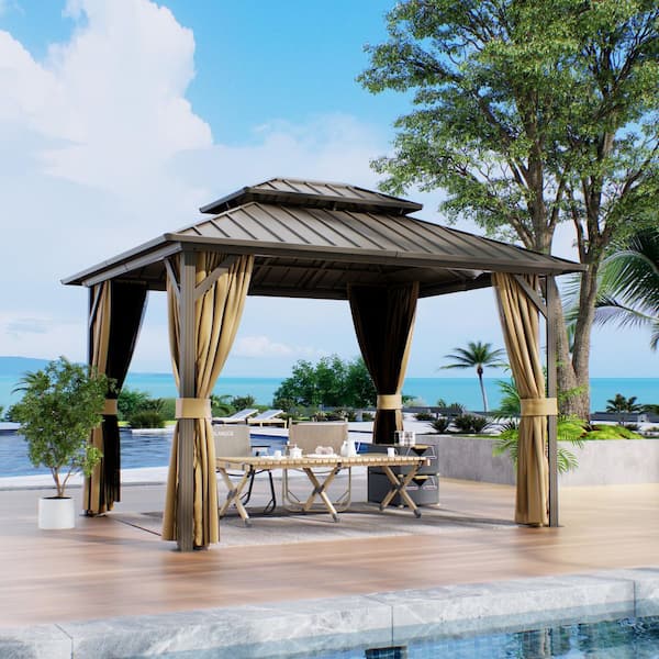 10 ft. x 12 ft. Aluminum Hardtop Outdoor Gazebo with Double Galvanized Steel Roof,Included Mosquito Netting and Curtains