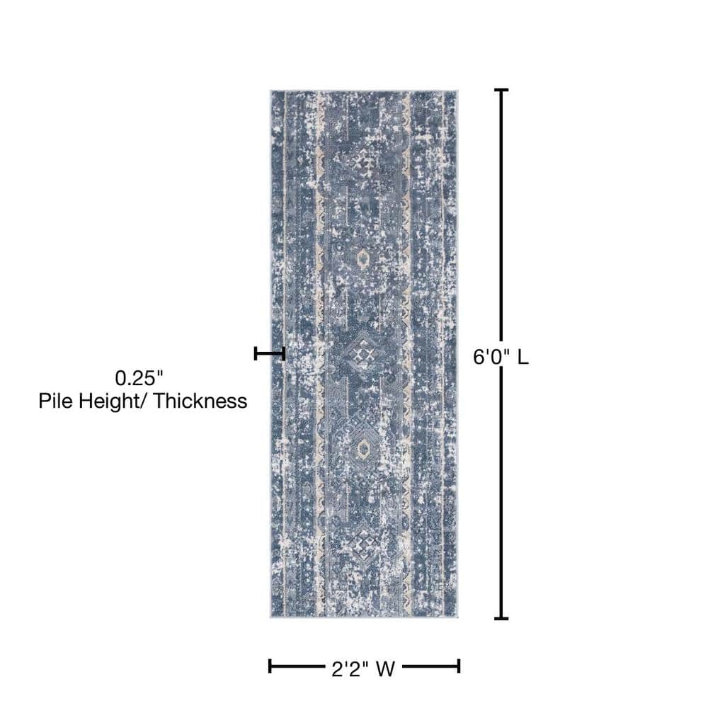 Blue and Ivory Geometric Synthetic Runner Rug