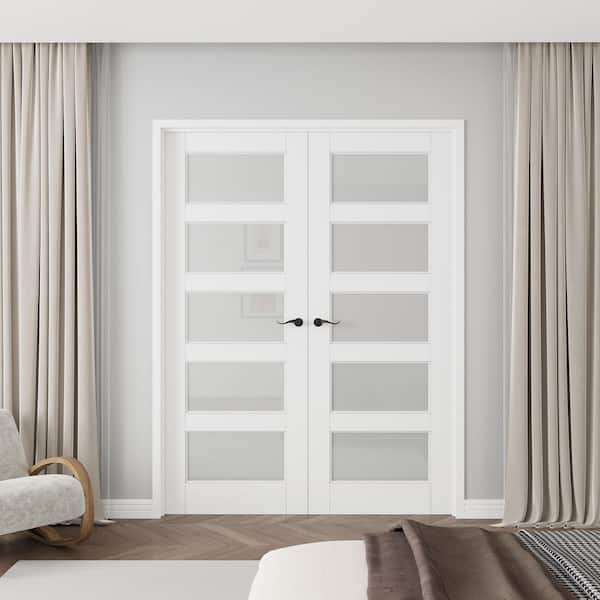 56 in. x 80 in. 5-Lite Frosted Glass Universal White Solid Core Wood Double Prehung French Door+ Quick Assemble Jamb