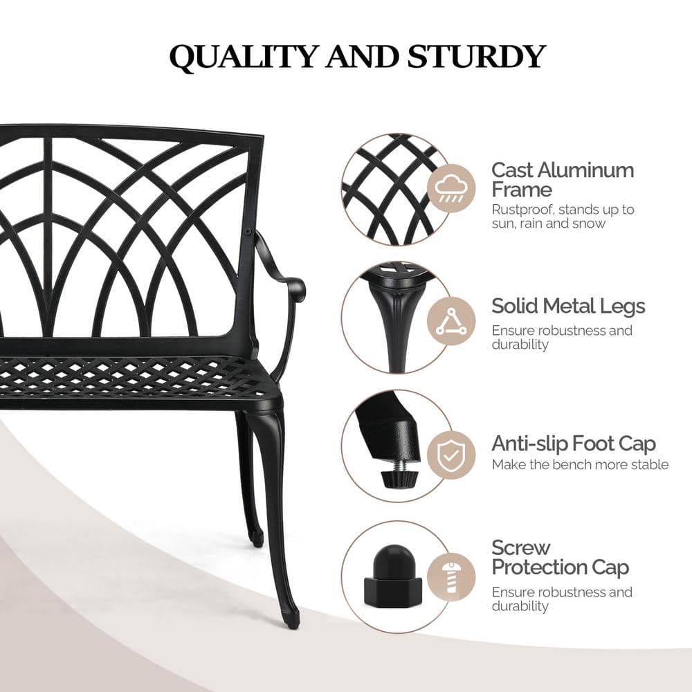 Black Cast Aluminum Outdoor Garden Bench with High Backrest