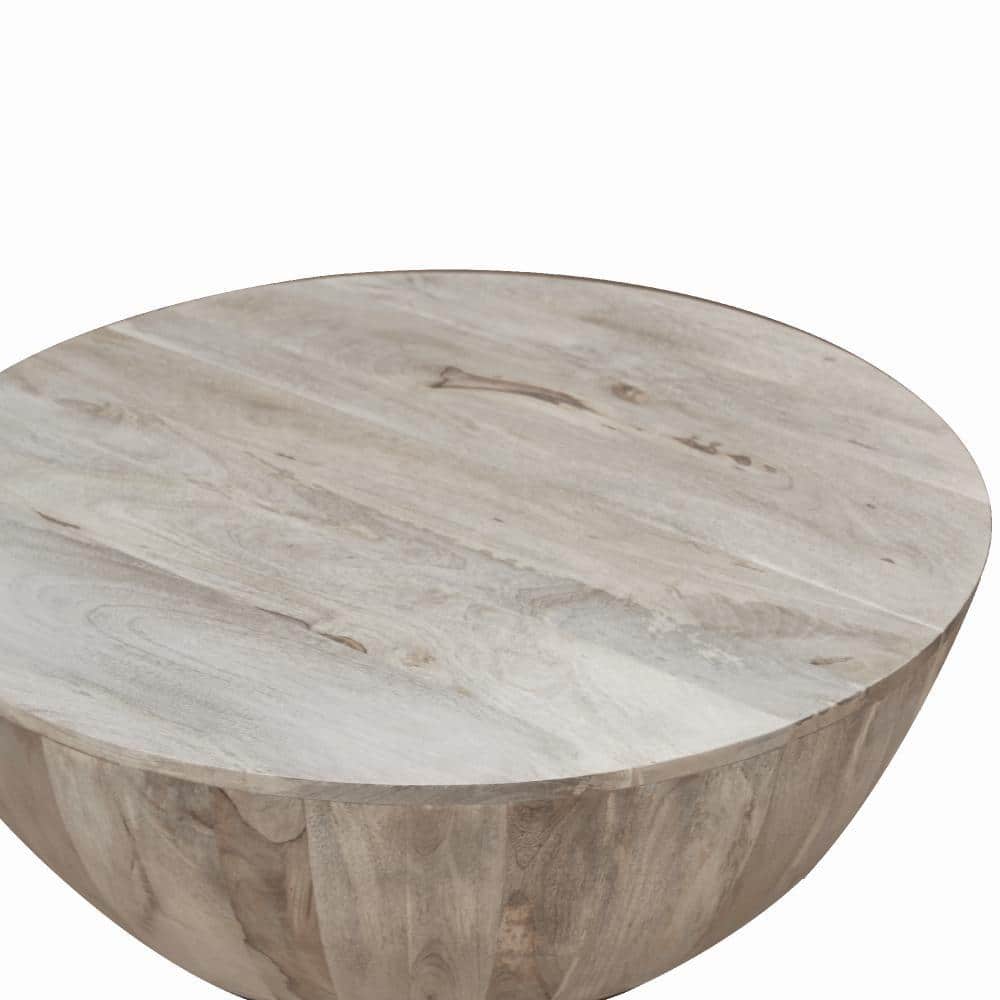 35.5" Round Washed Light Brown Mango Wood Outdoor Coffee Table