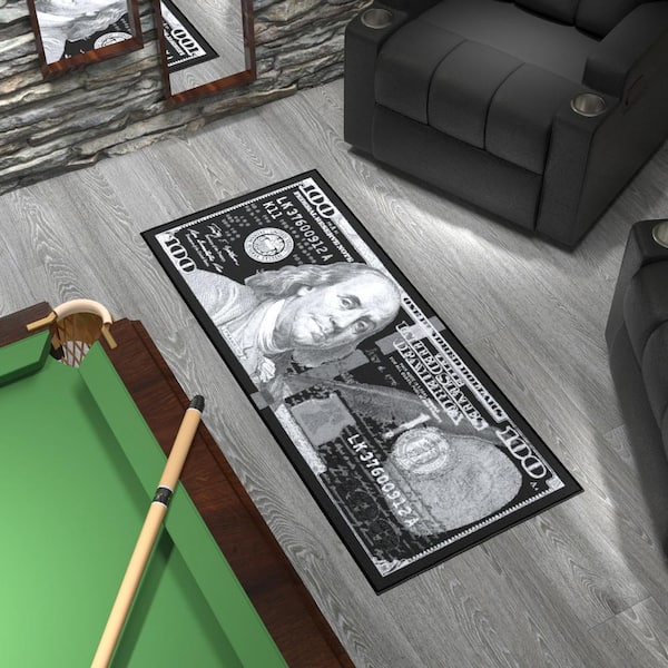Riches 100 Dollar Bill Collection Non-Slip Rubberback Money 22x53 Money Rug, 22 in. x 53 in., Black