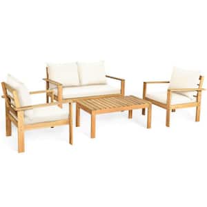 4-Piece Acacia Wood Outdoor Patio Conversation Set with White Cushions Water Resistant