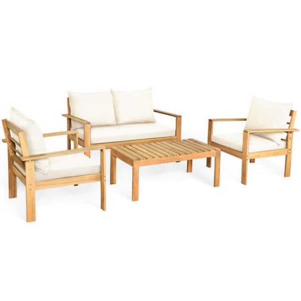 Clihome 4-Piece Acacia Wood Outdoor Patio Conversation Set with White Cushions Water Resistant