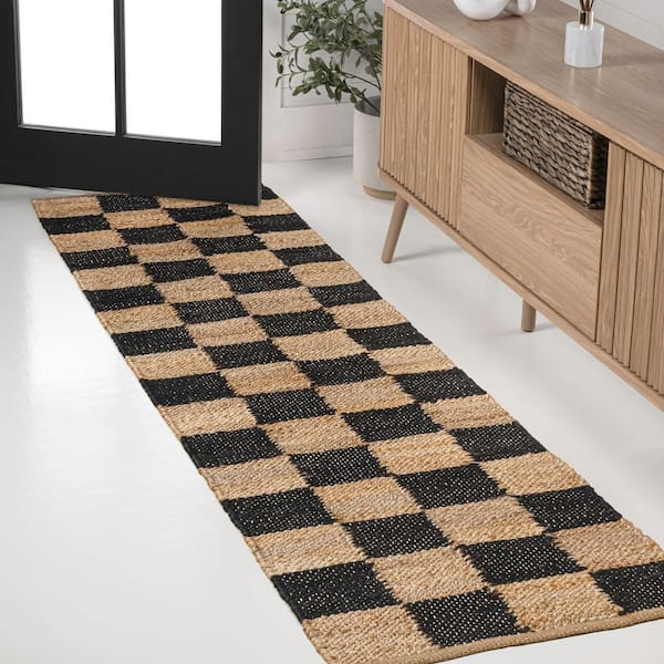 JONATHAN Y Theo Modern Farmhouse Woven Jute Checkerboard Natural/Black 2 ft. x 10 ft. Runner Rug