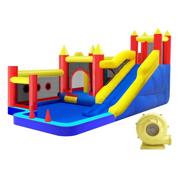 Outdoor/Indoor Jumping Castle, Large Bounce House w Air Blower, Slide, Trampoline, Obstacles, Climbing Wall for Kid 3-10