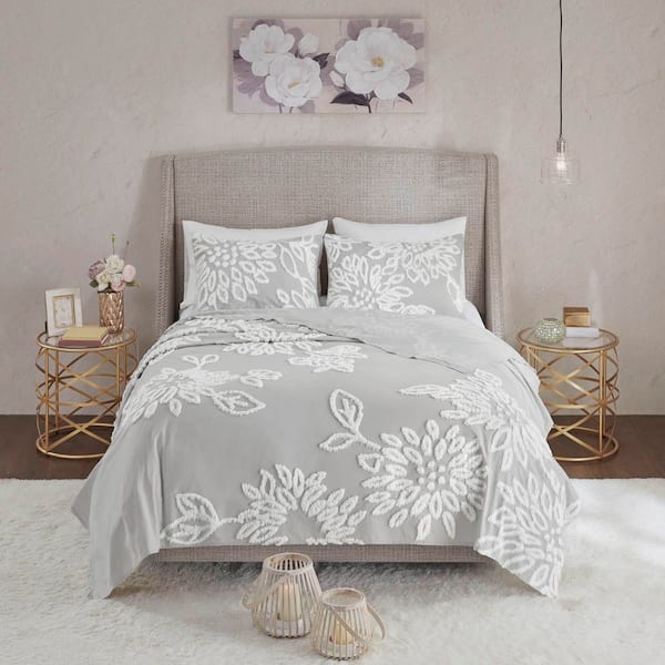 Pansy 3-Piece Warm Grey/White Cotton Full/Queen Comforter Set
