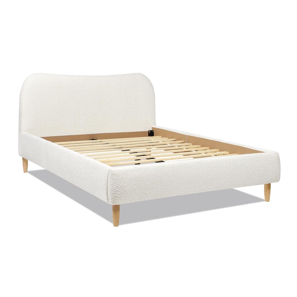 Ivory White Boucle Upholstered Queen Platform Bed with Curved Headboard