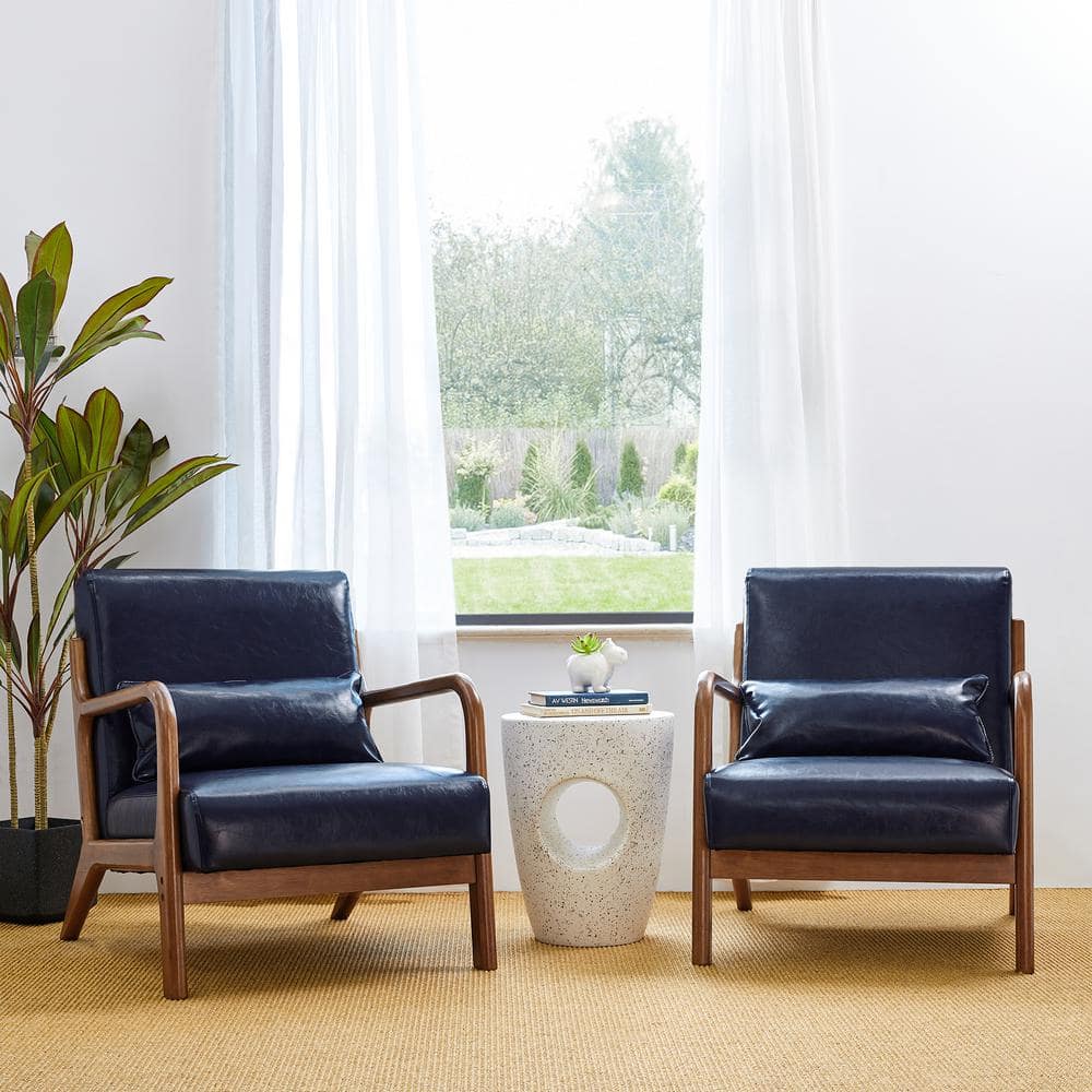 Set of 2 Navy Blue Leatherette Accent Chairs with Walnut Legs